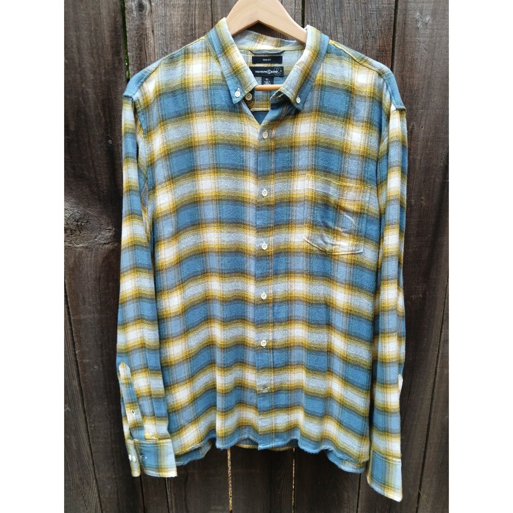 Treasure & Bond Blue /Brown Plaid‎ Flannel Trim Fit Shirt Soft Men's Size Xl